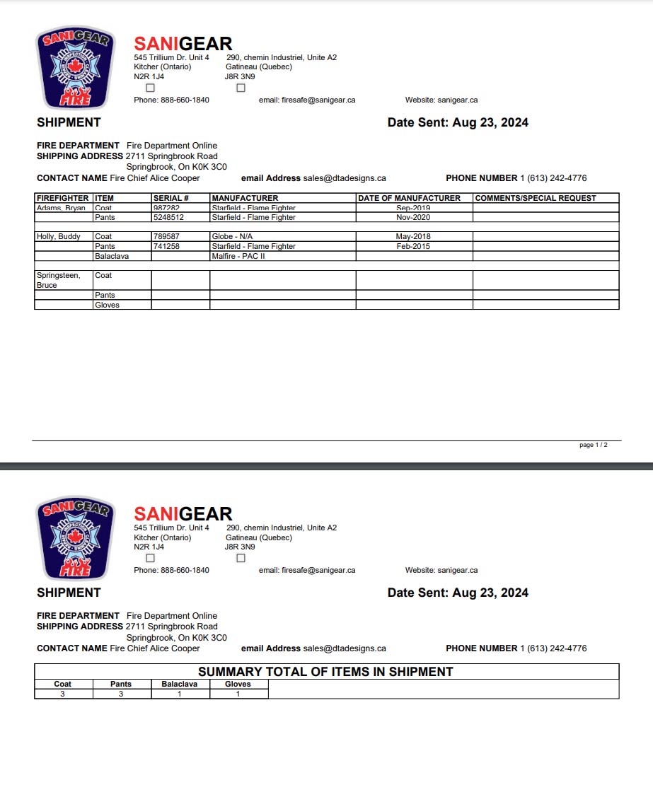 Bunker Gear Advance Cleaning Form