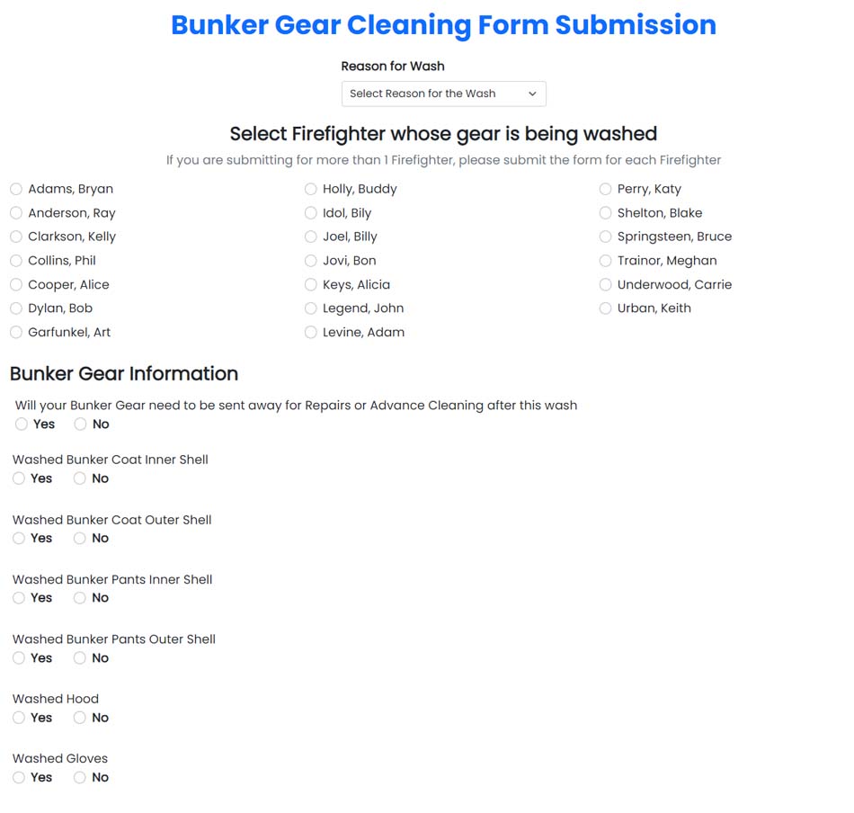 Bunker Gear Washing Form