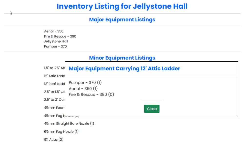 Equipment Listing at Fire Station