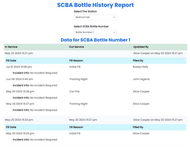 SCBA Bottle History Report