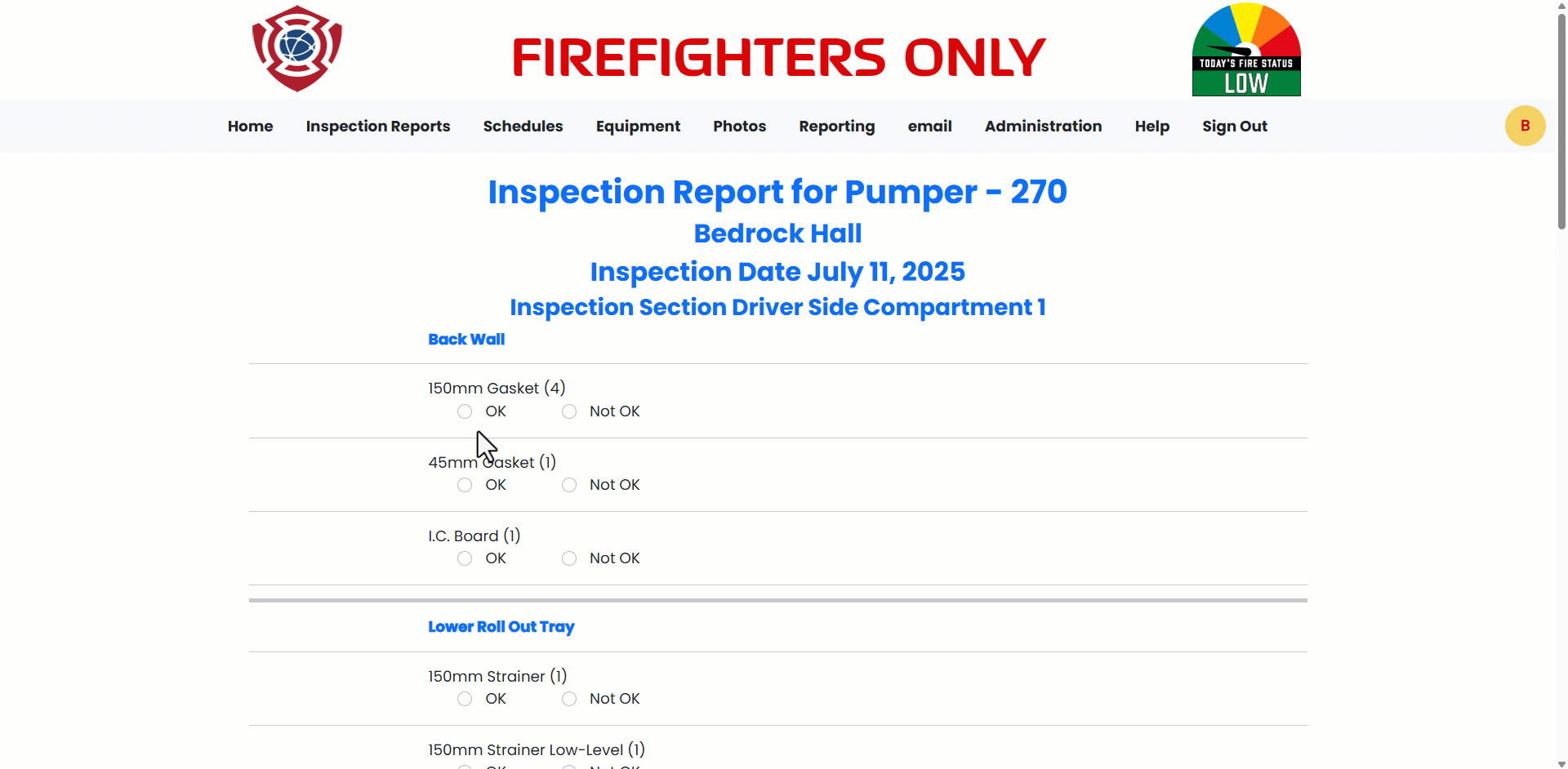 Inspection Report for a compartment